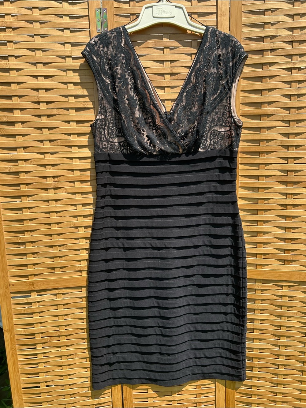 dressbarn Black Lace Bodice Striped Mini Dress